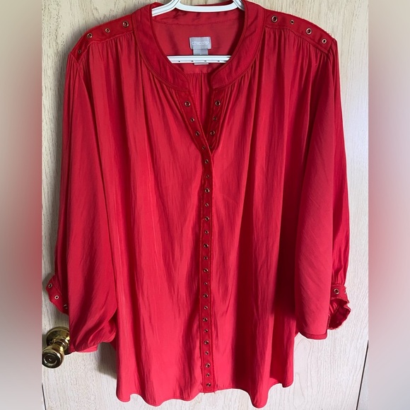 CHICOS Cherry Red Batwing Swing Blouse Grommet Accents Sz 3 XL - Picture 1 of 12